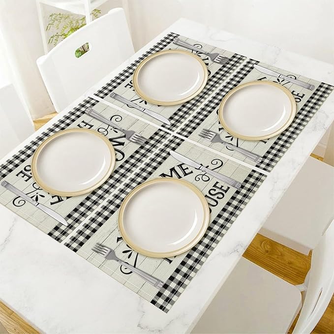 Vintage Farmhouse Placemat Set, Rustic Minimal Black White Check Inspirational Quotes Sketch Sunflower Pattern Home Decoration Linen Table Mats for Dining Room Kitchen Party (17x12in) x6P