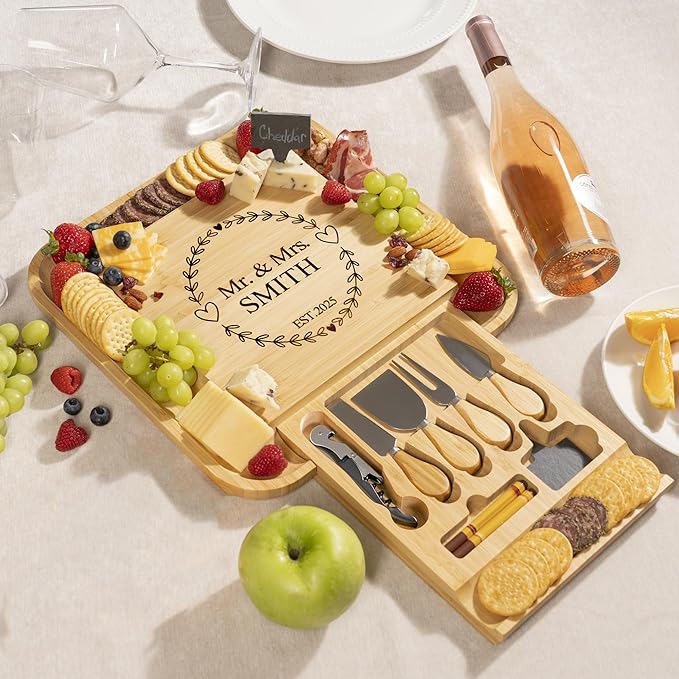 Personalized Bamboo Cheese Board Gift Set – Custom Engraved Charcuterie Board with Cheese Knives, Romantic Valentine’s Day Gift for Couples