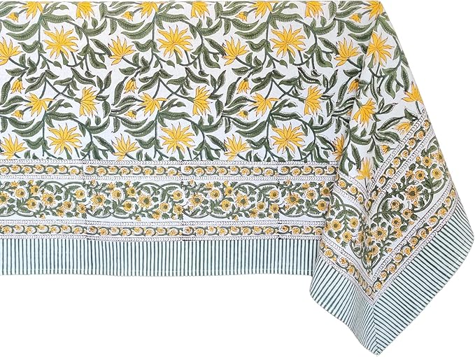 ATOSII Noor 100% Cotton Rectangle Spring Tablecloth, Handblock Floral Print Linen Table Cloth for Kitchen Dining I Parties, Outdoors, Weddings, Easter Holidays I 72 X 140 Inches I 12 Seater