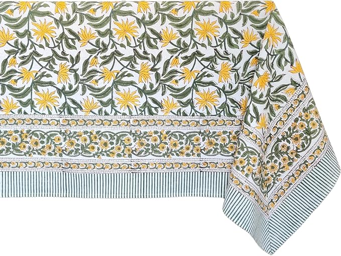 ATOSII Noor 100% Cotton Rectangle Spring Tablecloth, Handblock Floral Print Linen Table Cloth for Kitchen Dining I Parties, Outdoors, Weddings, Easter Holidays I 72 X 108 Inches I 8 Seater
