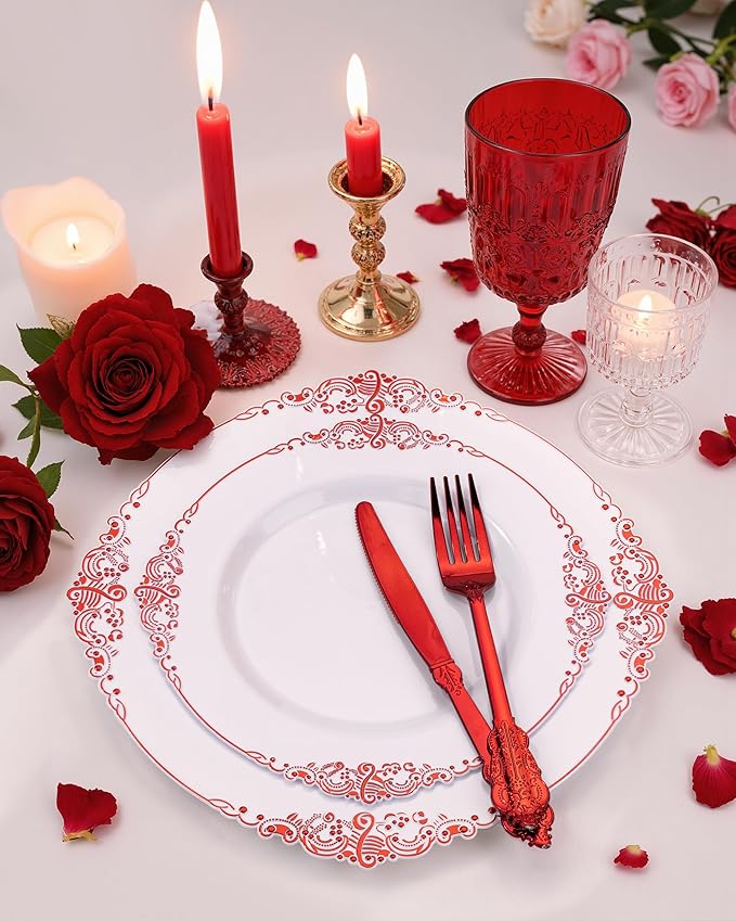 Nervure 100Pcs White and Red Plastic Plates - Heavyweight Red Disposable Plates - Plastic Plate Include 50Pcs 10.25inch Dinner Plate & 50Pcs 7.5inch Dessert Plate for Wedding & Party