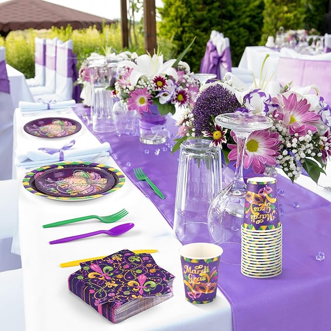 Kochorie 400 Pieces Mardi Gras Disposable Party Tableware Sets, Masquerade Table Decorations Including Plates Cups Napkins Cutlery Serves 50 for Carnival Birthday Mardi Gras Party Supplies