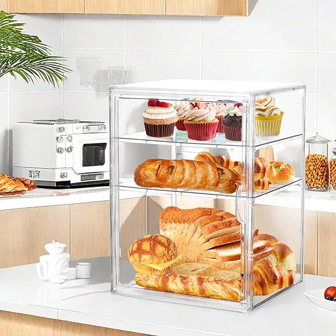 Attelite Pastry Display Case,4 Layers Adjustable Clear Bread Box for Kitchen Countertop,Bread Storage with Magnetic Door Bakery Pastry Display15.5x11.4x9.8inch