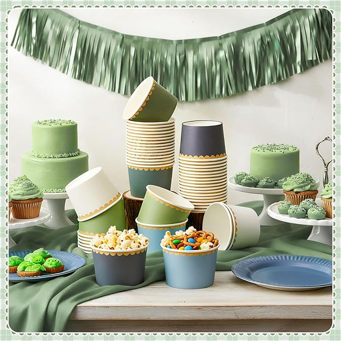 Zopeal 48 Pcs Dusty Blue and Green Disposable Ice Cream Bowls 9oz Blue Gradient Color Paper Snack Cups with Gold Scallop for Parties, Weddings, Baby Showers, Desserts, Yogurt, and Salads