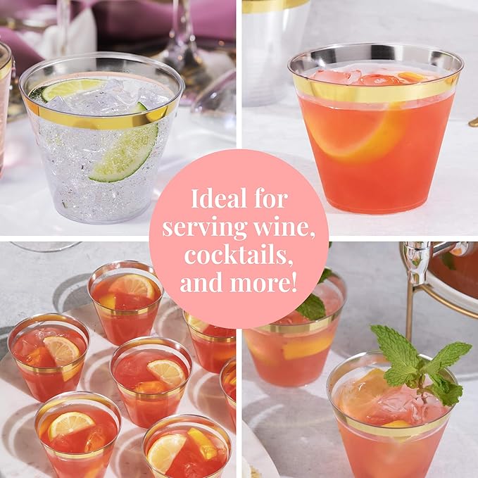 Prestee 100-Pack 9oz Gold Rimmed Plastic Cups Disposable Wine Glasses for Charcuterie, Weddings, Parties, and Events - Elegant Cocktail and Drinking Cups for Champagne, Martini, and Mocktails