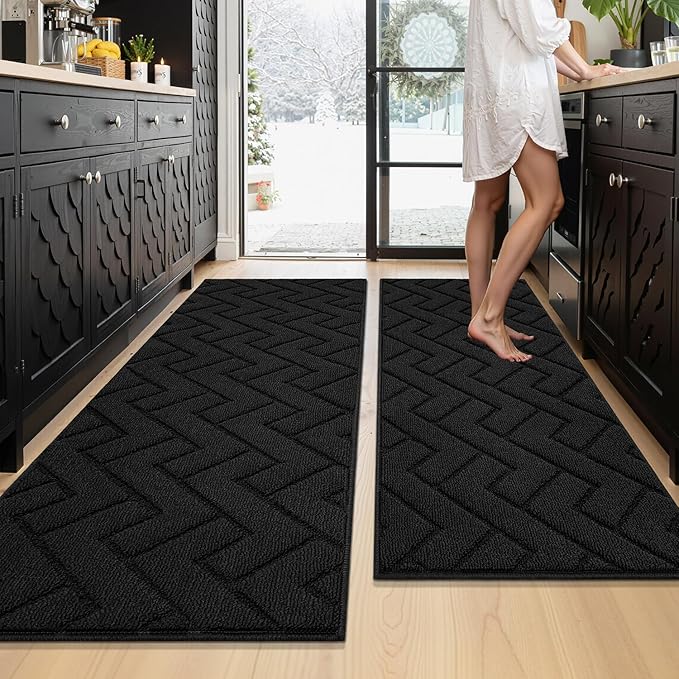 hicorfe Kitchen Rugs and Mats Sets,Non-Slip 2 Pieces Absorbent 100% Polypropylene Rug,Comfort Kitchen Runner Mat,Washable for Kitchen,Sink,Laundry(20" x 48" Plus 20" x 59",Black)