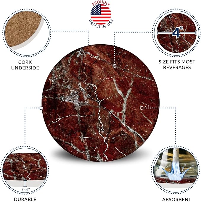 Emerson Coasters for Drinks Absorbent – Natural Stone Drink Coasters Set with Holder, Coasters for Coffee Table, Wooden Tabletop Protection Marble Style – 100% Heavy Duty Set of 6 (Ruby)