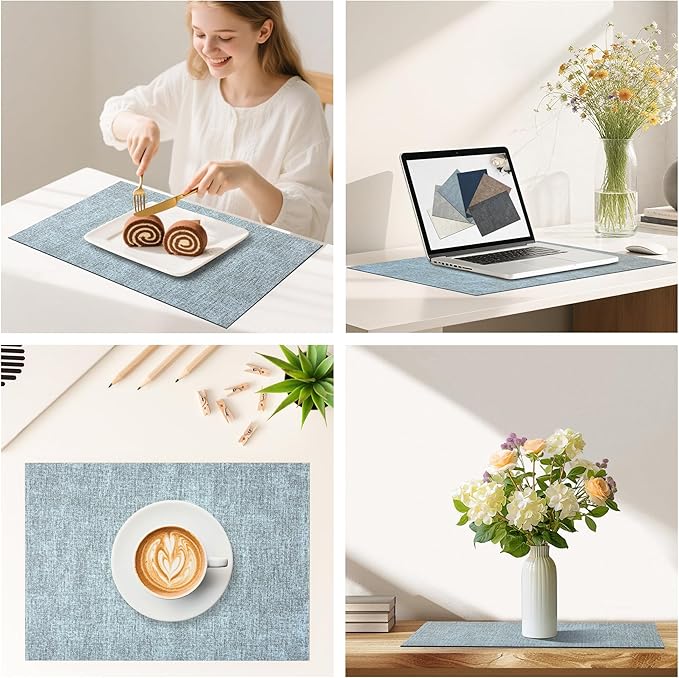 DOLOPL Placemats Set of 8, Reversible Wipeable & Heat Resistant Place Mats, Modern Faux Leather Table Mats for Kitchen, Neutral Waterproof Tablemats for Dining Table Decor, Wedding, Party(Dusty Blue)