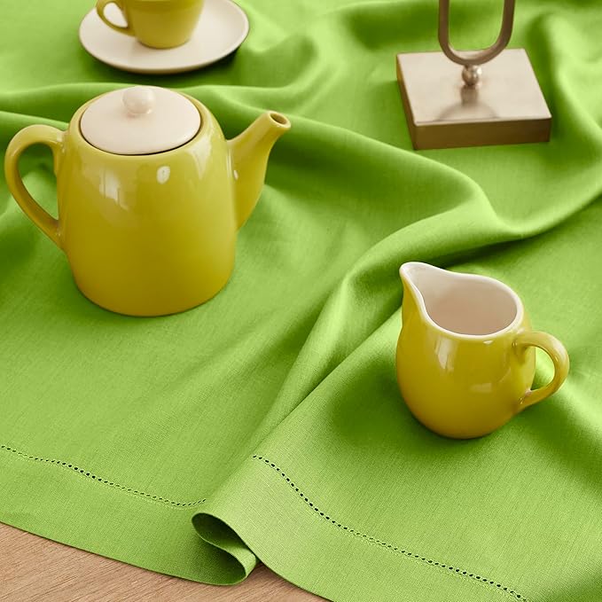 Solino Home Linen Tablecloth for Rectangle Tables 60 x 108 Inch - Classic Hemstitch 100% Pure Linen Lime Green Table Cloth - Machine Washable Cloth Tablecloth for Spring, St Patricks Day, Easter