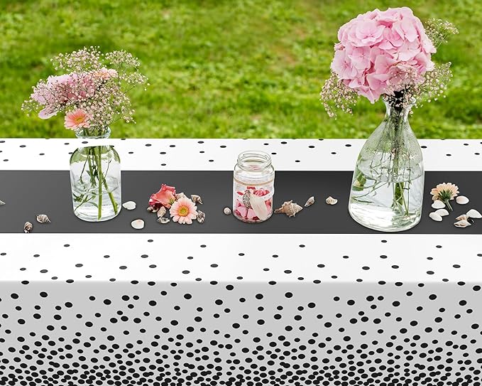 Oudain 3 Pcs White and Black Tablecloth for Parties Plastic Dot Tablecloths Printed Table Runner Waterproof Disposable Rectangle Table Cover for Christmas Birthday Wedding Party, 54" x 108"