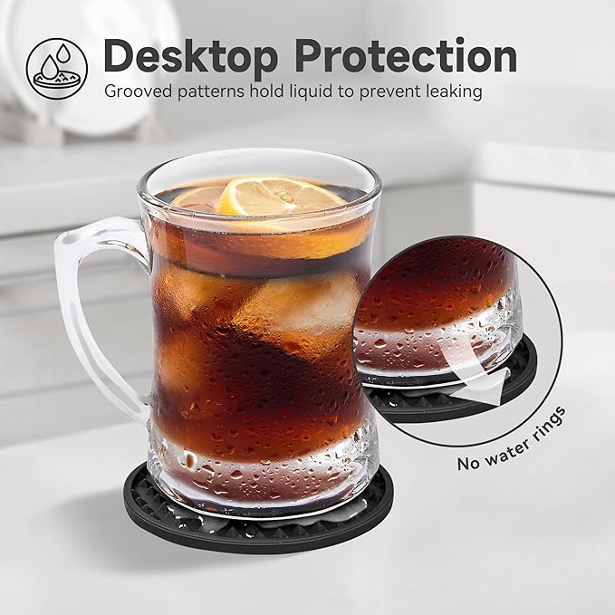 Coasters for Drinks, Silicone Coasters Set of 8 with Metal Holder, Outdoor Coaster for Coffee Table, Non-Slip Rubber Table Cup Mat Desk, Heat Resistant & Scratch-Proof (Black)