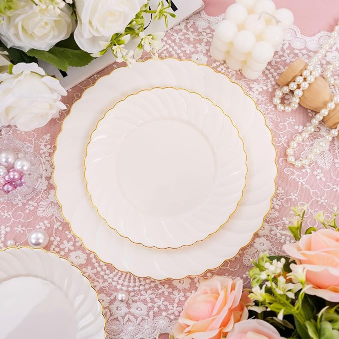 U-QE 100 Piece Ivory Scalloped Plastic Plates for Party with Gold Rim - Plastic Party Plates Disposable Heavy Duty - High End Disposable Plates Include 50pcs Dinner Plates 9"&50pcs Dessert Plates 6.5"