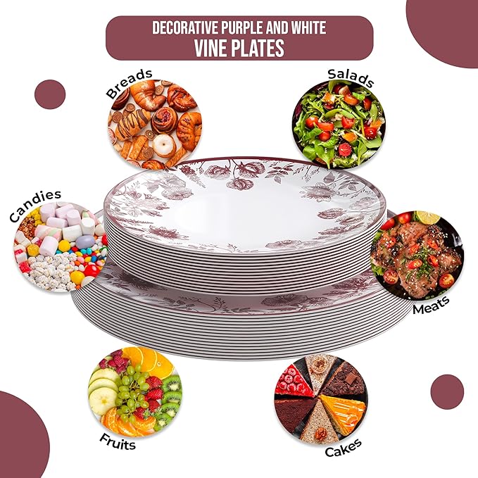 Trendables Disposable Plates For Party Supplies | Burgundy Floral Plastic Plates For Wedding 200 Pcs - 100 X 8 & 100 X 10 Dinner Plate Sets | Floral Plate Set Disposable Plastic Dinnerware Sets