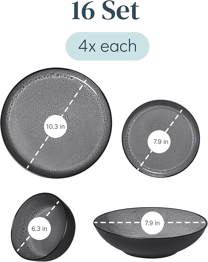Stoneware dinnerware set 4 persons 16 pcs - Dishwasher, microwave and scratch resistant - Bowl and plate set 4 persons modern - Dinner service Pure Living black in gray…