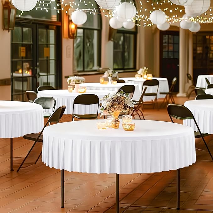 8 Pack White Spandex Round Tablecloths for 72in Table, Stretchy Fitted 6FT Round Table Cloths, Wrinkle Free Table Cover with Skirt for Wedding Birthday Party Bridal Shower Banquet
