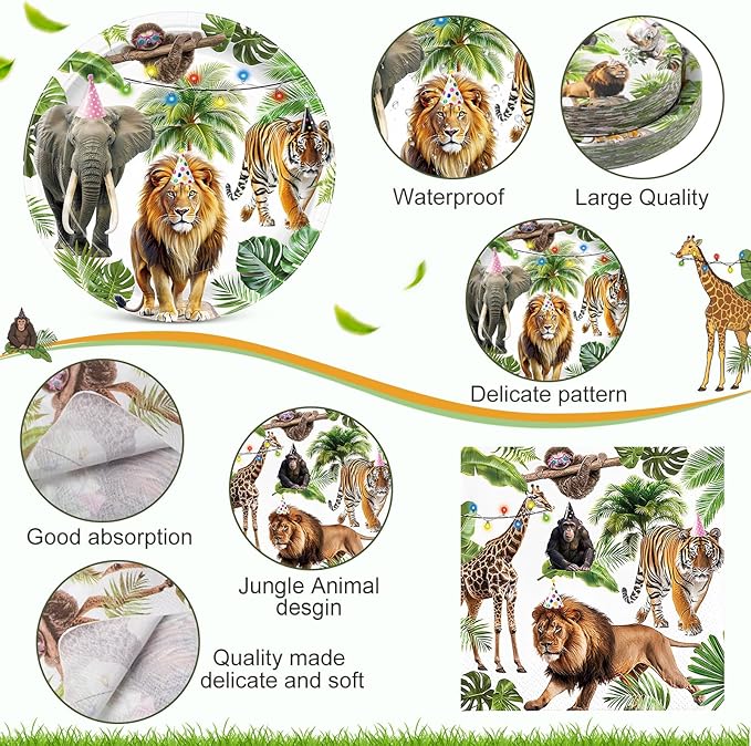 Pickmesh 250 Pcs Jungle Birthday Disposable Tableware Set Safari Animals Themed Disposable Paper Plates Napkins and Cups for Wild Animals Zoo Safari Baby Shower Birthday Wedding Party Supplies
