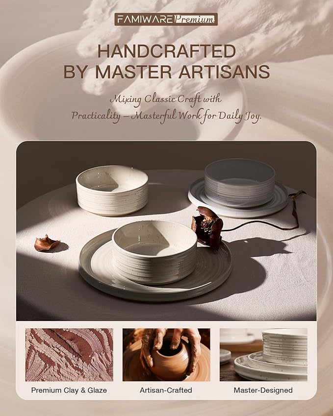 Plates and Bowls Sets for 6 (18-Piece) Stoneware Reactive Glaze Dinnerware with Speckles & Spirals, Chip and Scratch Resistant Straight Dishes Set with Gift Box, Microwave Dishwasher Safe, Shell Beige