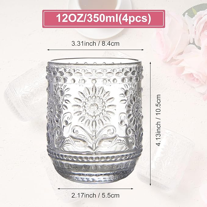 4 Pack 12 Oz Vintage Glassware Drinking Glasses Set, Embossed Floral Decorative Glassware Set for Whiskey, Beer, Juice, Wine（Transparent）