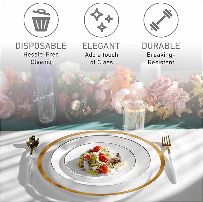 100PCS White Dinnerware Combo | 50 Gold Rim Appetizer/Dessert Plates (7.5in) & 50 Dinner Plates (10in) | Heavy Duty Disposable Plastic Plates For Wedding, Parties, Catering