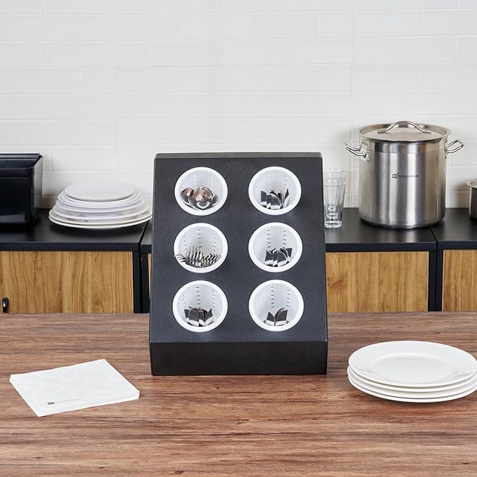 Restaurantware-Met Lux 13.78 x 11.42 x 15.94 Inch Flatware Organizer, 1 Standing Cutlery Holder - Includes 6 Plastic Cylinders, Perforated Design, Black Plastic Utensil Holder, For Breakroom