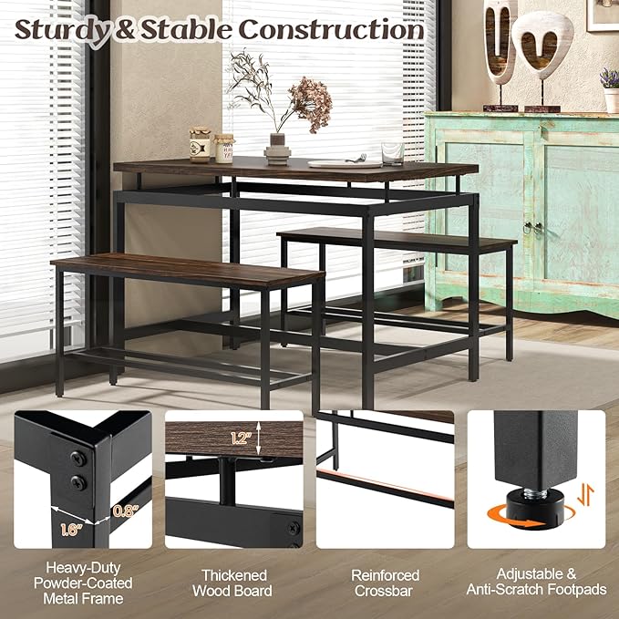 Giantex Kitchen Table Chairs Set of 3 - Dining Table Set for 4 with 2 Benches, Metal Frame, Space-Saving Dinette Table Set for 4, Small Places Breakfast Nook Table Set, Kitchen Table Set, Brown