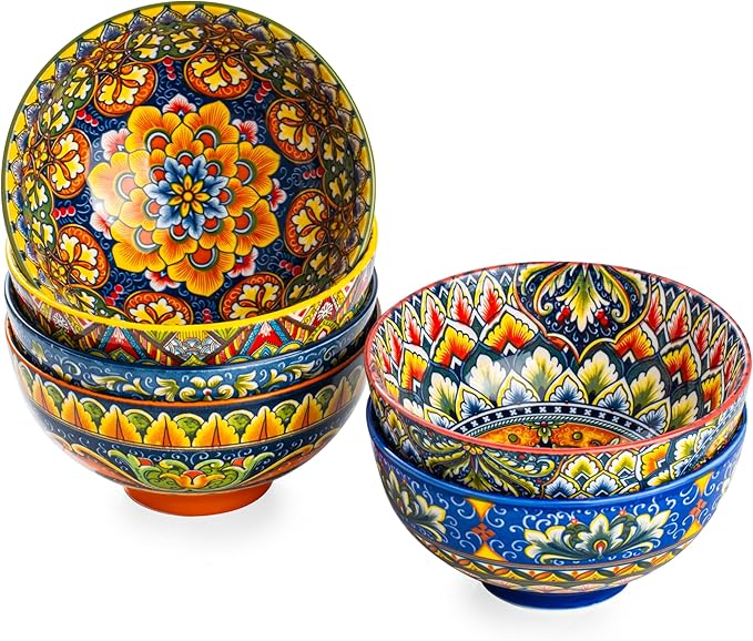 Henten Home Ceramic Soup Bowls Set of 6, Bohemia 22 oz Cereal Bowls Set, Porcelain Serving Bowls for Oatmeal, Salad, Pasta, Fruit, Decorative, Microwave & Dishwasher Safe