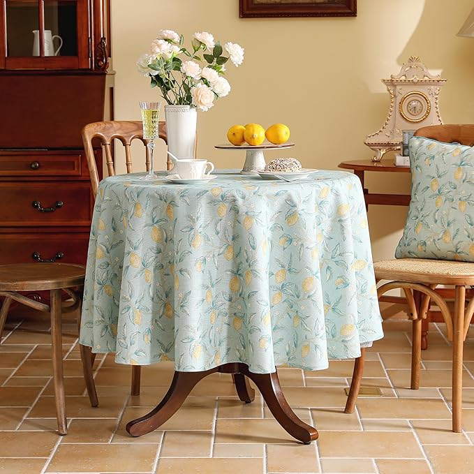 patdrea Designer Linen Vintage Green Tablecloth for Round Table,Durable Fruits Pattern Yellow Tablecloths,Fall Decor Table Cover for Kitchen Dining Christmas,Thanksgiving,Diameter 55"-Ania a