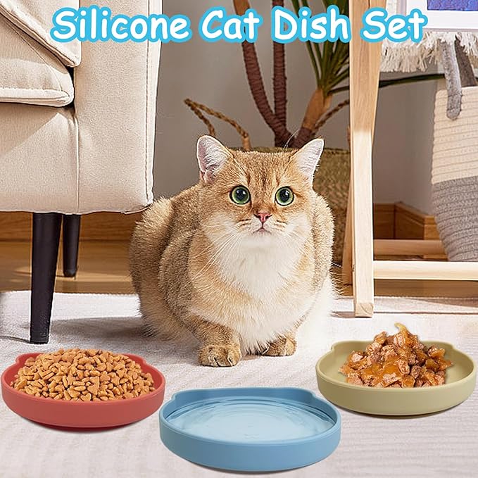Silicone Cat Food Bowl Suction Cup Cat Dish 7" Shallow Cats Food & Water Bowls Set of 2 Non-Slip Kitty Plates Relief Whisker Fatigue Puppy Feeding Bowl for Dry & Wet Food (Beige)
