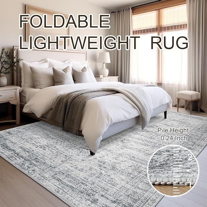 5x7 Area Rugs Gray Low Pile Indoor Washable Trendy Faded Style Rugs for Bedroom Living Room Dining Room Foldable Non-Slip Thin Grey Print Mat