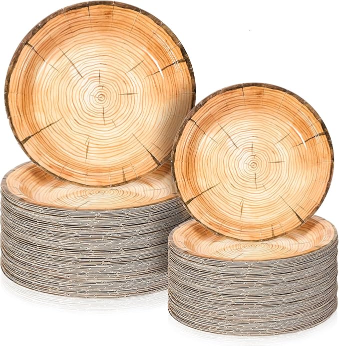 Tioncy 150 Pieces Wood Grain Paper Plates 7" 9" Rustic Wood Slice Plate Farmhouse Round Disposable Dinner Dish for Woodland Baby Shower Lumberjack Birthday Party Supplies