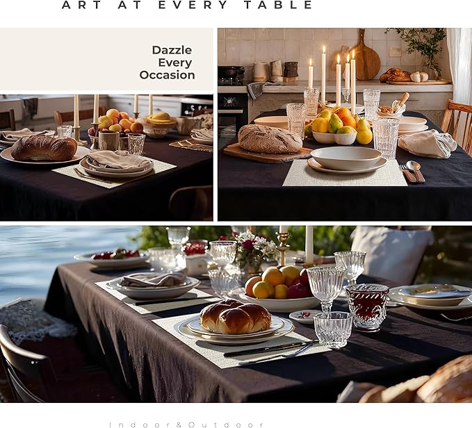 Leetaltree Luxury White and Silver Woven Placemats Set of 4 - Waterproof Washable Textured Table Mats for Wedding, Anniversary, Daily Use - Sparkling Metallic Thread Table Decor - Hand-Cut