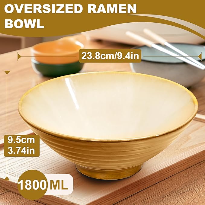9.4-Inch 2 Sets Ceramic Ramen Bowl (8 Piece) - Japanese Porcelain Dishwasher Microwave Safe Salad Noodles Cereal Pasta Soup Large Bowls with Chopsticks Forks Spoons for Men Women Housewarming Gift