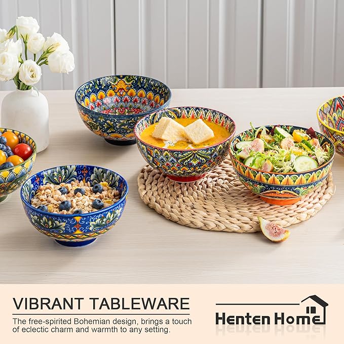 Henten Home Ceramic Soup Bowls Set of 6, Bohemia 22 oz Cereal Bowls Set, Porcelain Serving Bowls for Oatmeal, Salad, Pasta, Fruit, Decorative, Microwave & Dishwasher Safe
