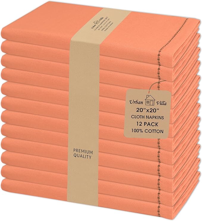 Urban Villa Cloth Napkins Set of 12 20"x20" 100% Cotton Hemstitch Napkins Cloth Washable Durable Reusable Absorbent Table Dinner Napkins Cloth for Hotel Lunch Restaurant Weddings Parties–Orange Black