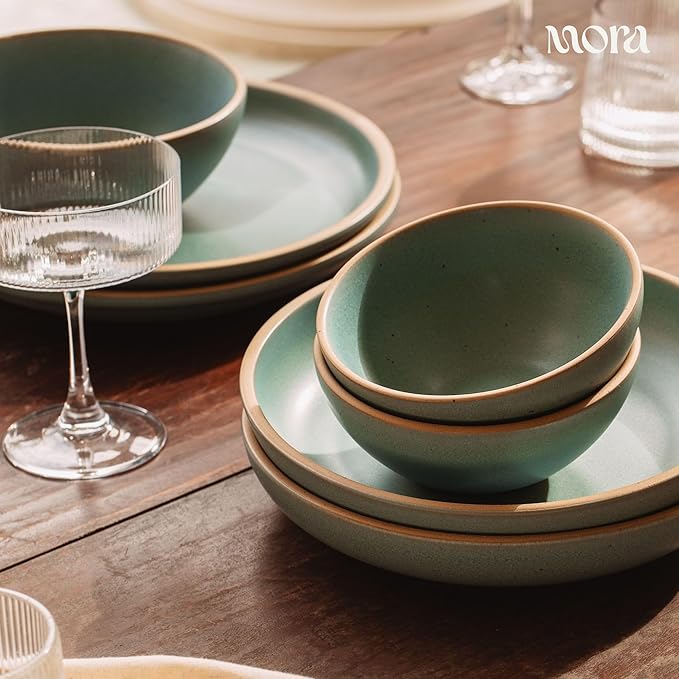 MORA Medium Dishes Set of 4, 30oz Ceramic Pottery Pasta Plate/Wide Bowls - Microwave, Oven and Dishwasher Safe - Iris