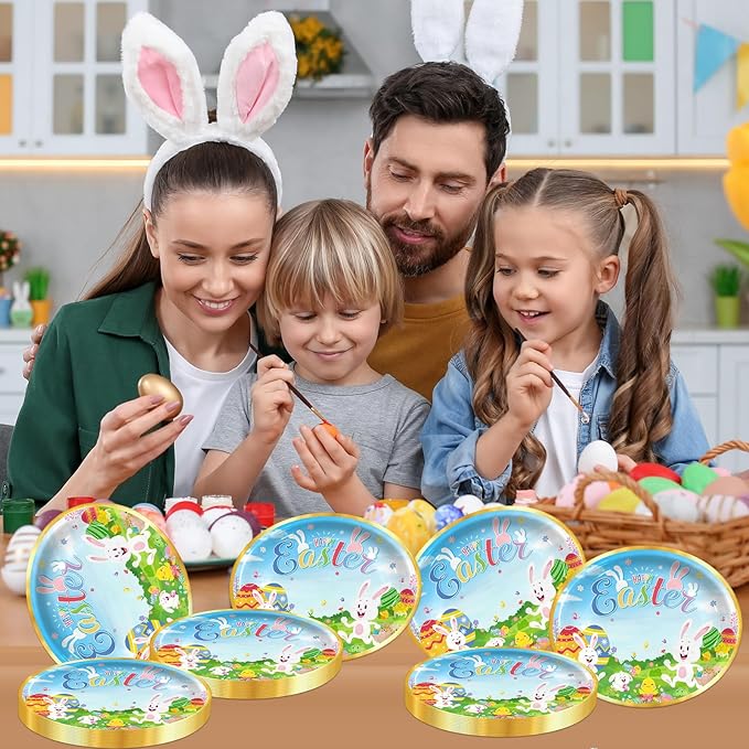 Happy Easter Oval Paper Plates 10" x 12" Serve 50, Floral Easter Party Supplies with Cute Bunny Chick Colorful Eggs Disposable Bunny Paper Dinnerware Set for Spring Holiday Birthday Party Baby Shower