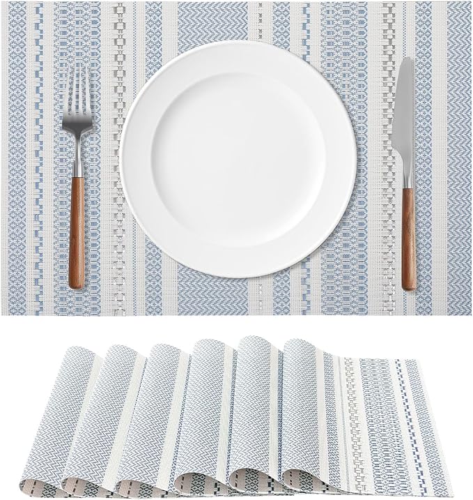 FAVE Blue Boho Vinyl Placemats Set of 6, Durable Woven Place Mats Washable Heat Resistant PVC Table Mats for Parties,Weddings, Dining,Banquet(Blue, 6PCS)