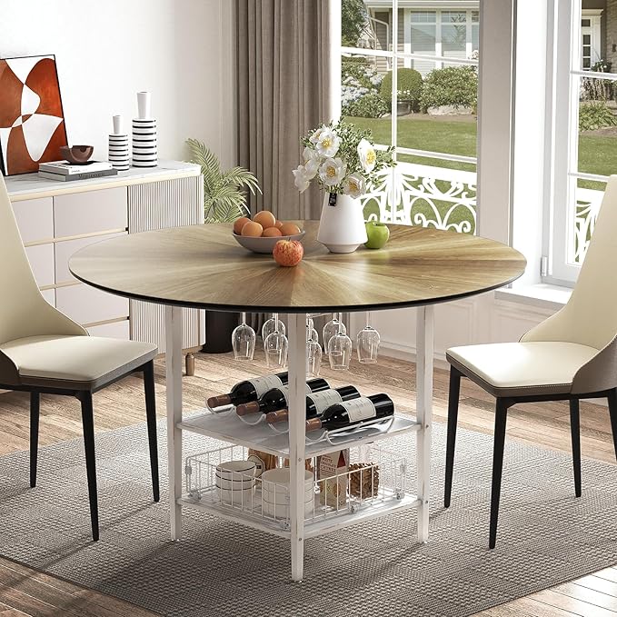 VFK 47 Inch Round Dining Table Set for 4-6 People, Large Farmhouse Kitchen Dining Table Set with Chairs and Storage Rack, Metal Base Round Table for Home Dining Room Living Room