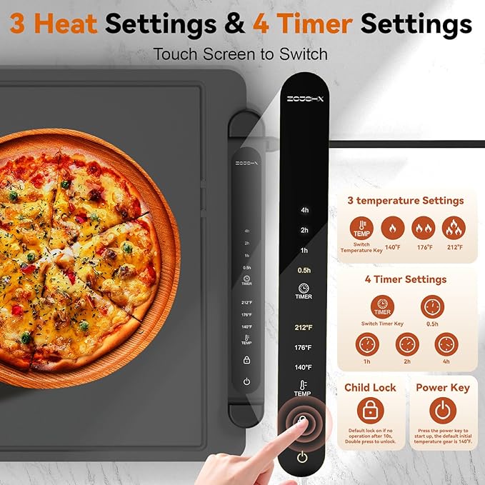 Food Warming Mat Electric Tray: Adjustable Silicone Heating Pad with 3 Temperature Settings 4 Timer Function Portable Roll Up Hot Plate for Buffets Party Gatherings Kitchen Countertop Black Gray