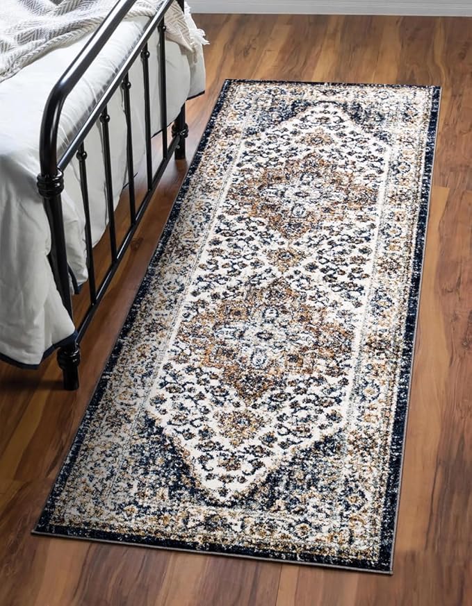 Keen Home Design Area Rugs - Non-Shedding, Thick Pile Abstract Rugs for Kitchen, Living Room, Bedroom, Dining Room, Entryway (Mamluk Blue/Cream/Beige, 2'8" x 9'11")