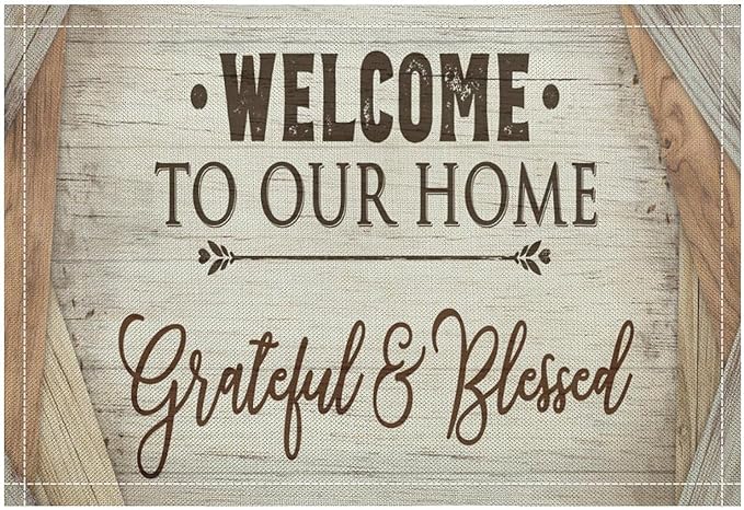 Vintage Farmhouse Placemat Set, Beige White Rustic Wooden Plank Patchwork Welcome Home Letter Inspirational Quotes Pattern Home Decor Linen Table Mats for Dining Room Kitchen Party (17x12in) x6P