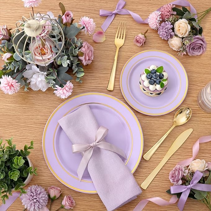 350PCS Purple Plates Disposable - Purple Plastic Plates 50Guests Lavender Disposable Dinnerware Sets with Rolled Napkins for Wedding/Birthday/Baby Shower/Easter