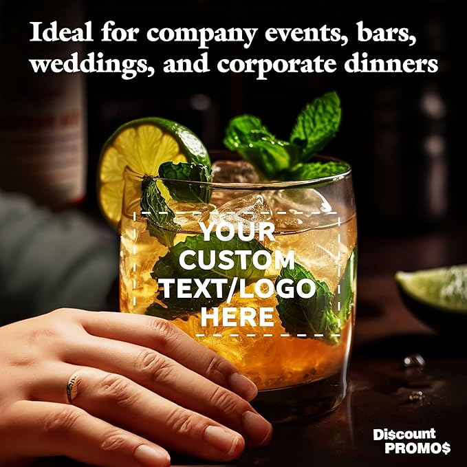 DISCOUNT PROMOS Custom Whiskey Glasses 10 oz Set of 10/50/100, Personalized Bulk Pack - Heavy Base Old Fashioned Glass, Perfect for Scotch, Bourbon, Whiskey, Cocktail - Black Bottom Color
