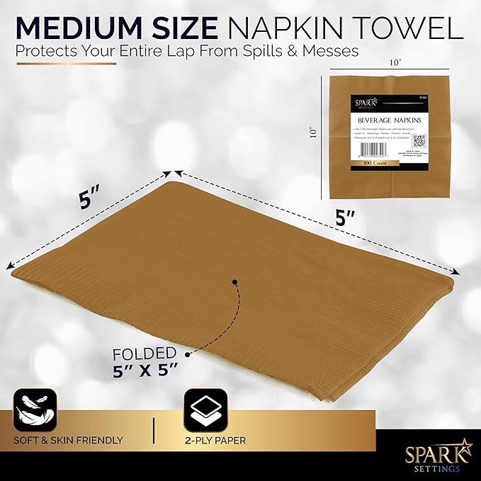 100 Pack Gold Beverage Napkins, Big Party Pack, 2 Ply, Ideal for Wedding, Party, Birthday, Dinner, Lunch, Cocktails. (5” x 5”) by Amcrate