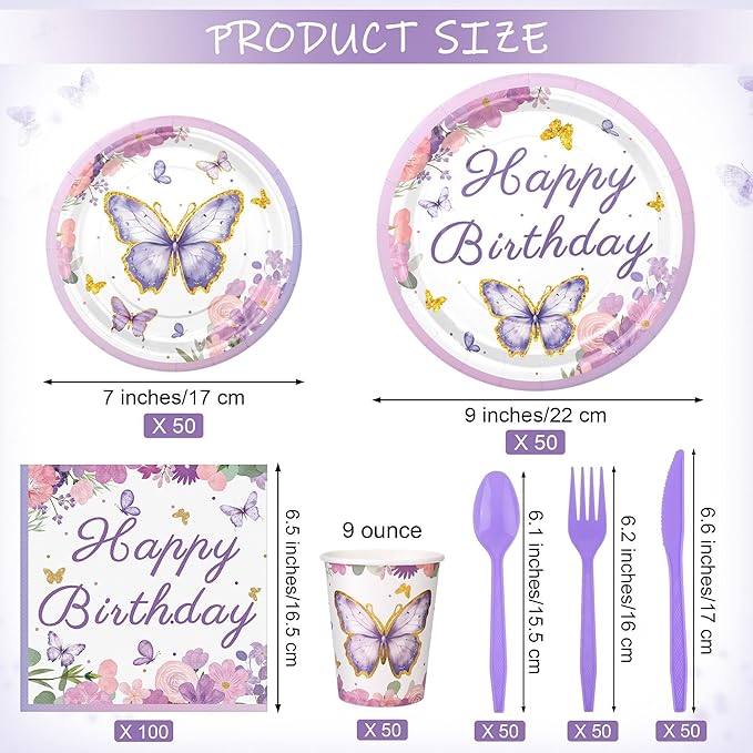 Kochorie 400 Pieces Butterfly Disposable Party Tableware Sets Including Plates Cups Napkins Cutlery Serves 50 for Butterfly-themed Party Birthday Baby Shower Girls Party Decorations