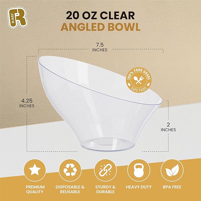 R-kay 6 Pack Angled Candy Bowls - Clear Plastic bowls 20 Oz - Premium Plastic Serving Bowls Disposable Heavy Duty For Weddings Catering, parties, And All Occasions (Clear, Medium)
