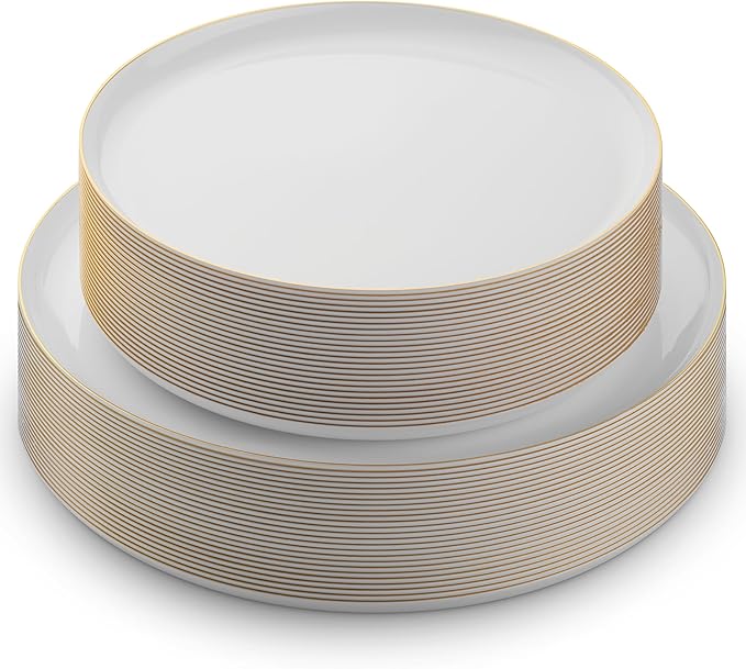BloominGoods 50 PCS Disposable Plastic Plates For Party, 25 8.5 In. Appetizer Plates And 25 10.5 In. Dinner Plates, White With Gold Rim Plates For Wedding Or Event, Heavy Duty