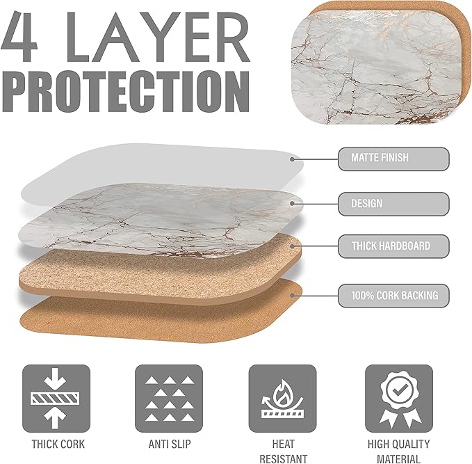 Dainty Home Rose Gold Marble Oval Cork Placemats - Heat Resistant, Non-Slip, Easy Clean for Elegant Dining - 12"x18" Set of 2 - Perfect for Stylish, Modern Homes