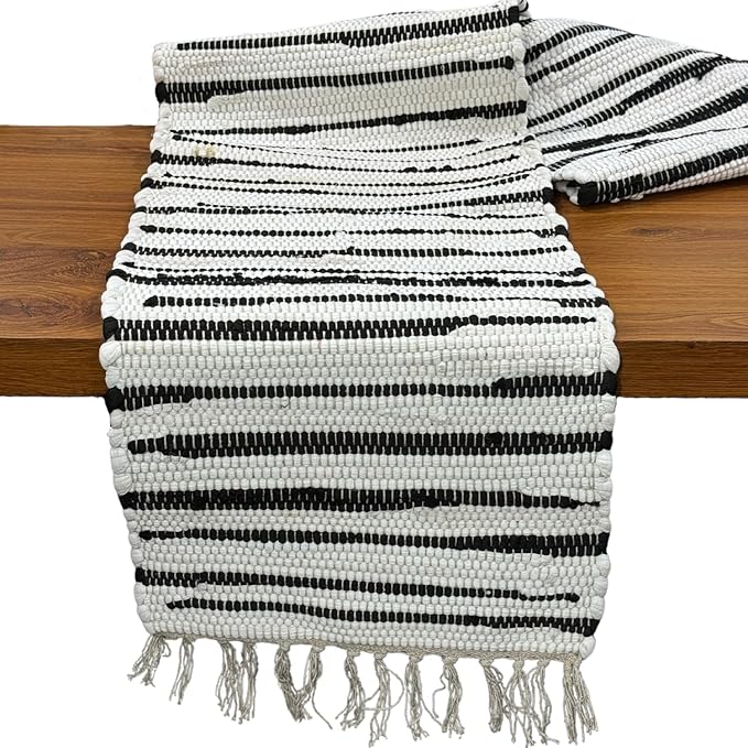 Perilla Home Chindi Table Runner Boho with Tassels 72 Inches Long Linen Cotton - Braided Rustic Farmhouse Fall Kitchen Dining Table Decoration for Party Wedding (Black & White)