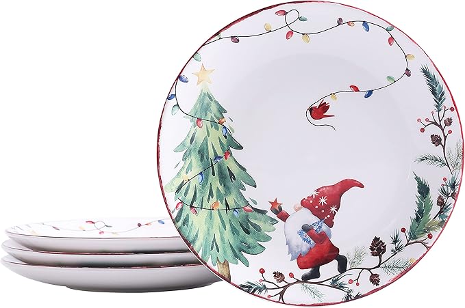 Bico Christmas Gnomes Salad Plates Set of 4, 8.75 Inch Ceramic Dessert Plates for Salad, Appetizer, Side Dishes, Microwave and Dishwasher Safe, Gift for Housewarming and Christmas